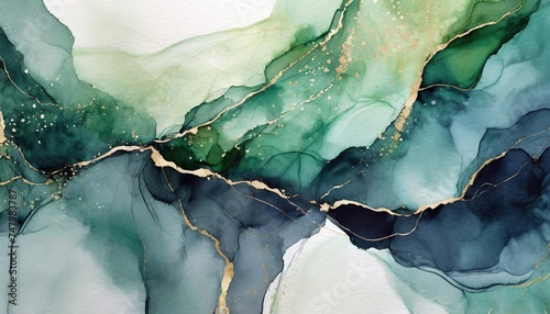 Beautiful emerald green abstract alcohol ink watercolor background. Abstract liquid marble design. Luxury wallpaper concept brush oil modern paper splash painting water.