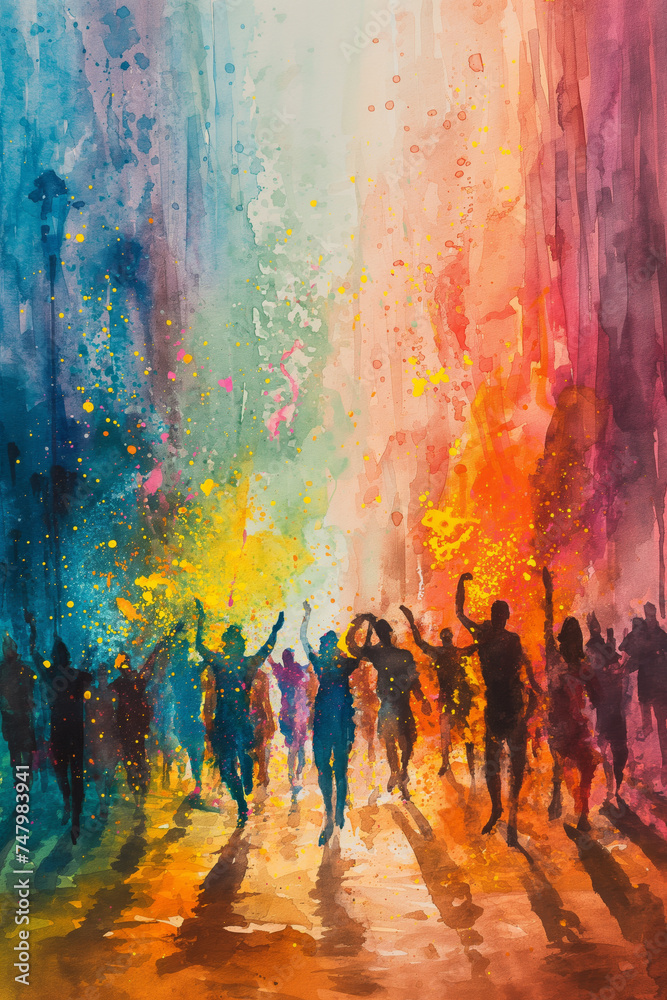 Gemälde von Menschen, die in leuchtenden Farben tanzen