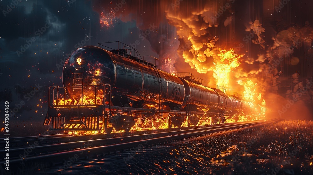A train carrying petroleum products is on fire. A summer night. Pollution of the ecosystem. Train disaster: Flames engulf petroleum-laden cars. A train carrying petroleum products is on fire. A summer night. Pollution of the ecosystem. Train disaster: Flames engulf petroleum-laden cars.