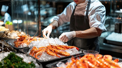 Chef preparing sea food in a open hotel kitchen with a proper lighting and big space and a blurry backdrop for text or products, Generative AI.