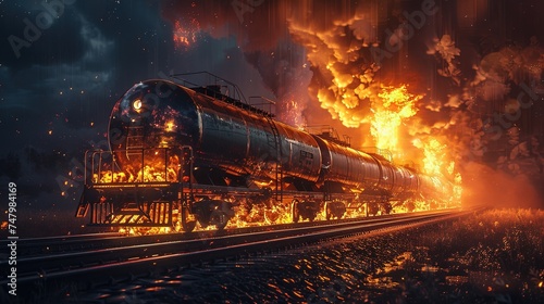 A train carrying petroleum products is on fire. A summer night. Pollution of the ecosystem. Train disaster: Flames engulf petroleum-laden cars.
