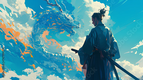  anime man in a kimono robe and a dragon background photo