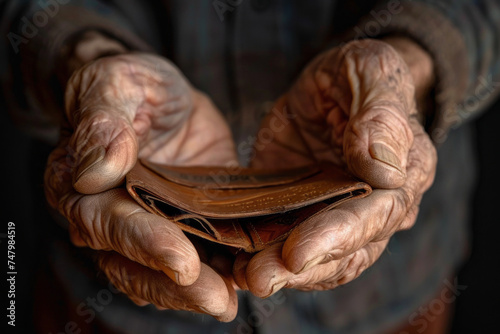 Empty wallet in the hands of an elderly man. Concept of retirement poverty. Generative AI © Anthony Paz