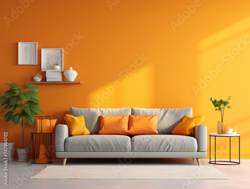a couch in a room with orange walls