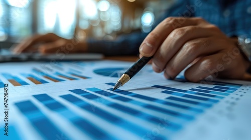 Close-up of a businessman's hands holding a pen over financial charts and graphs during analysis.
