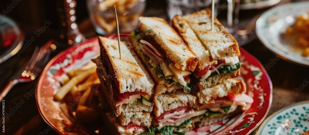 A detailed view of a delicious club sandwich placed on a red patterned plate, accompanied by a side of crispy fries. The sandwich features layers of meat, cheese, lettuce, and tomato between toasted