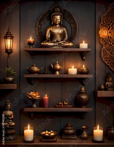 Serene Vibe with Ornate Buddha Statue and Candles on Decorative Shelf, Generative AI