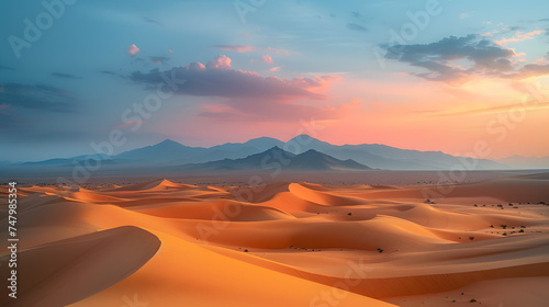 A desert landscape, with swirling sand dunes in the distance as the background, during a quiet evening at dusk © CanvasPixelDreams