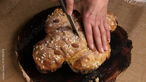 COLOMBA cake is a traditional Italian Easter dessert. The chef cuts the Easter colomba cake and demonstrates the delicate and airy pastry. Top view photo