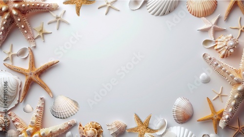 Seashells and starfish on blue background with copy space. Generative AI. © Aga Bak