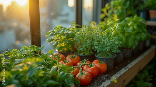 Tomatoes and basil in pots on the windowsill at sunset. Generative AI.