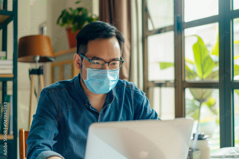 Handsome Asian man working as a freelance mask sits sad and stressed from his unemployment at home on a laptop computer. Generative AI Handsome Asian man working as a freelance mask sits sad and stressed from his unemployment at home on a laptop computer. Generative AI