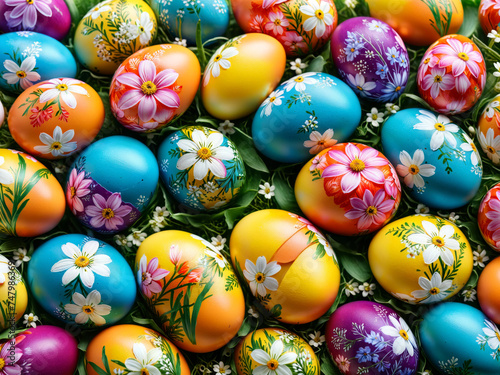 colourful easter eggs with floral patterns, easter decoration background, colourful eggs, spring flower, spring joy, easter gift, easter tradition, festive, holiday