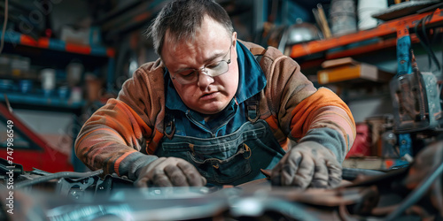 Man with Down syndrome working on a car restoration project. Learning Disability