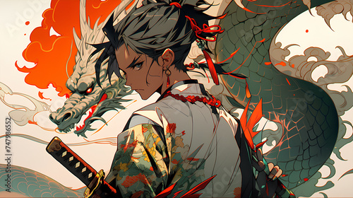  anime man in a kimono robe and a dragon background photo
