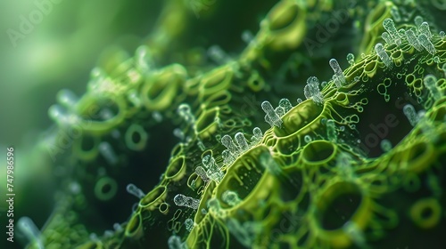 Close shot of a green algae Chlorophyta with a big empty space for product backdrop or text, Generative AI.