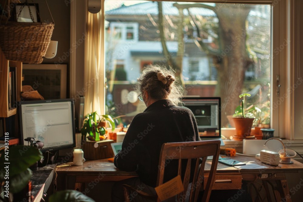 Middle-aged man telecommuting from his shabby home. Generative AI Middle-aged man telecommuting from his shabby home. Generative AI