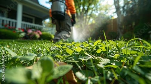 Close shot of a man blowing leaves with his blowing machine in garden with a big space for text or product and a blurry backdrop, Generative AI.