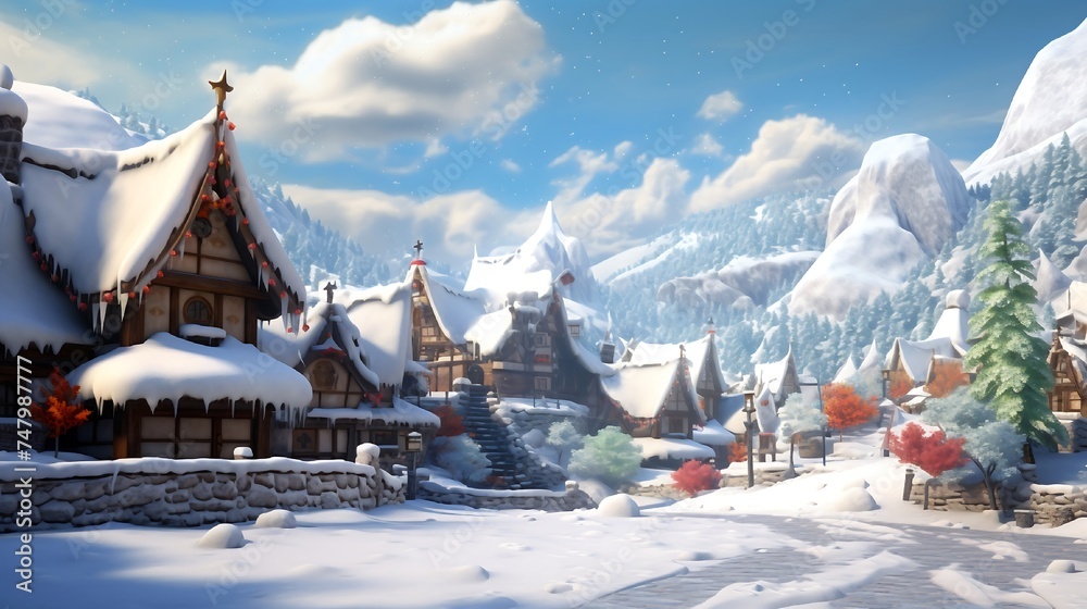 A picturesque village, created by AI, is nestled among the snow-covered hills, its charming cottages and glowing windows evoking a sense of warmth and community in the cold. 
