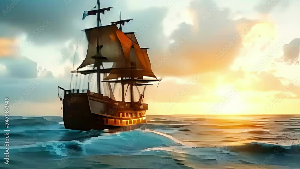 pirate sailboat against the backdrop of the sunset sky on the open sea.
Concept: Sailing, historical travel, adventure literature, pirates pirate sailboat against the backdrop of the sunset sky on the open sea.
Concept: Sailing, historical travel, adventure literature, pirates
