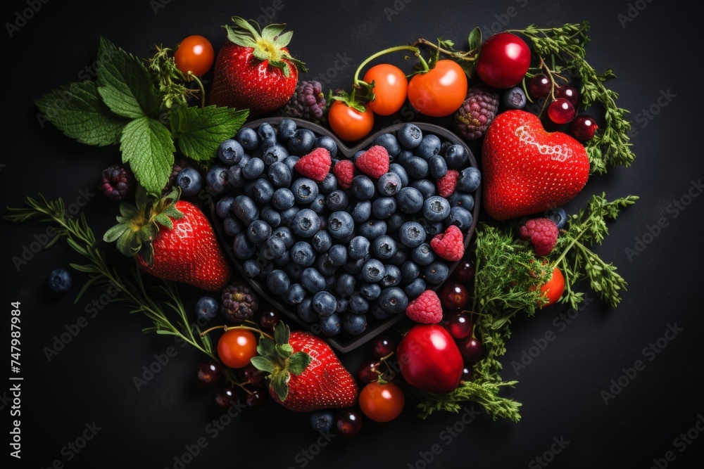 a heart of fruits and vegetables on a blue background a heart of fruits and vegetables on a blue background
