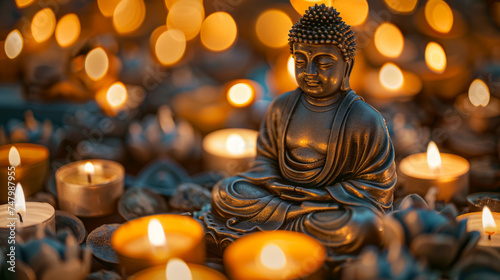 Illuminated by candles, a golden Buddha statue sits in meditation against a temple backdrop with intricate murals. Warm tones envelop the serene scene. Ideal for spirituality and religion themes.