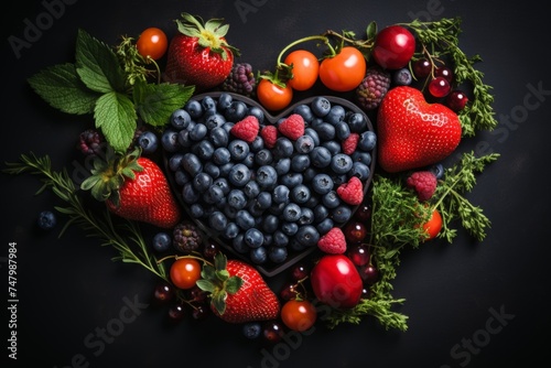 a heart of fruits and vegetables on a blue background © anwel