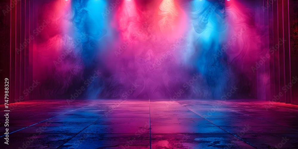Stage with spotlight setting for modern dance production vibrant color washes. Concept Stage Lighting, Spotlight Effects, Modern Dance, Vibrant Colors, Production Setup - obrazy, fototapety, plakaty 