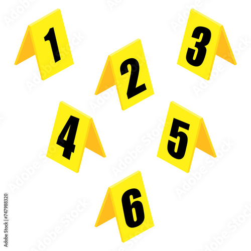 Vector illustration set of yellow crime scene markers with numbers.