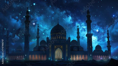 islamic mosque with starry sky at night. ramadan kareem holiday celebration concept