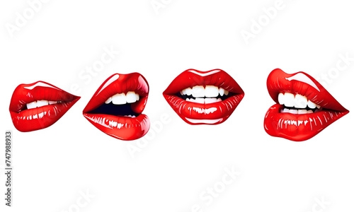 set / collection of female red lips, isolated on transparent background, sexy woman mouth with smile, graphic design elements png