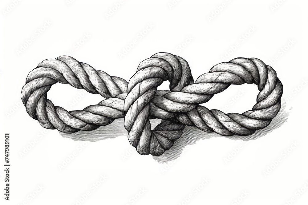 Vintage black and white sea knot rope engraving illustration in retro style on white background.