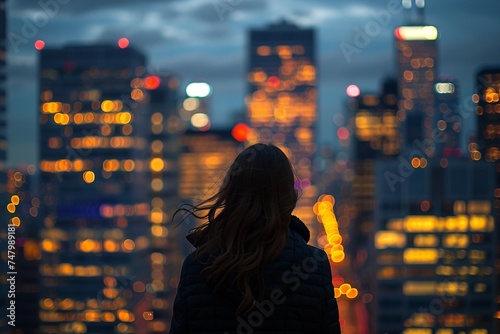 Silhouette Against City Twilight and Skyscrapers