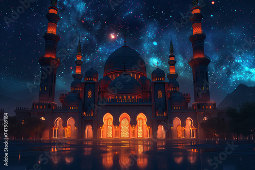 islamic mosque with starry sky at night. ramadan kareem holiday celebration concept