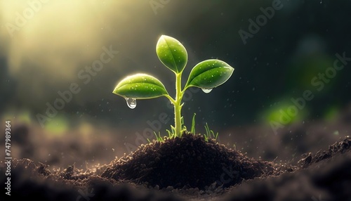 A seedling with droplets shines in the sun. Life's emergence is depicted as a small plant reaches upward, bathed in the warmth of a new day
