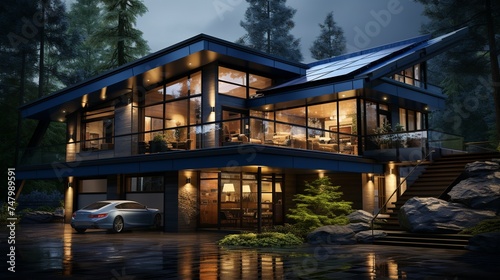 Futuristic car in front of a modern house in Night