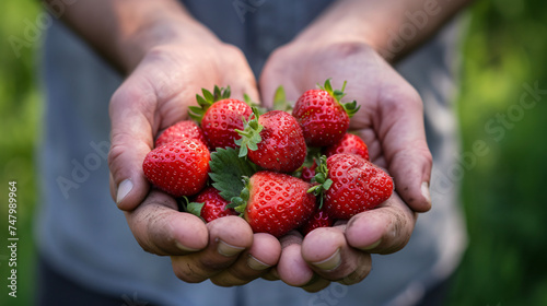 Fresh organic strawberries in man's hands.