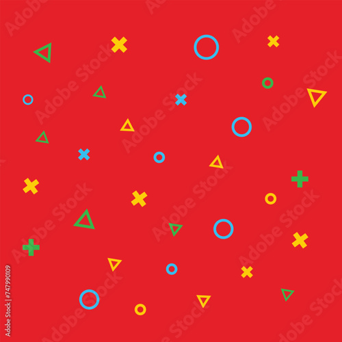 Colorful vector hipster pattern with green blue yellow geometric icons on red background. Line, square, triangle, circle shape. Retro 80s-90s pattern background
