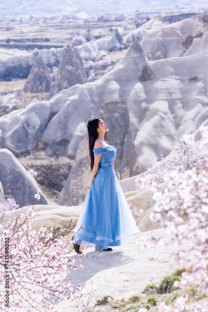 Beautiful woman in blue dress on rocks mountain. Cheerful woman relax outdoor with beautiful sky and pink flowers in holiday vacation. Woman tourist enjoy amazing mountain view. Travel and freedom..