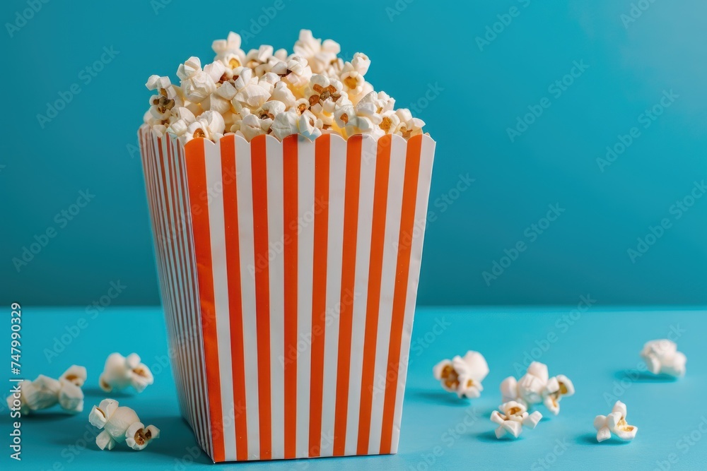 Side view of popcorn in orange striped box on blue background with copy space in vintage style Classic snack on cinema date concept.
