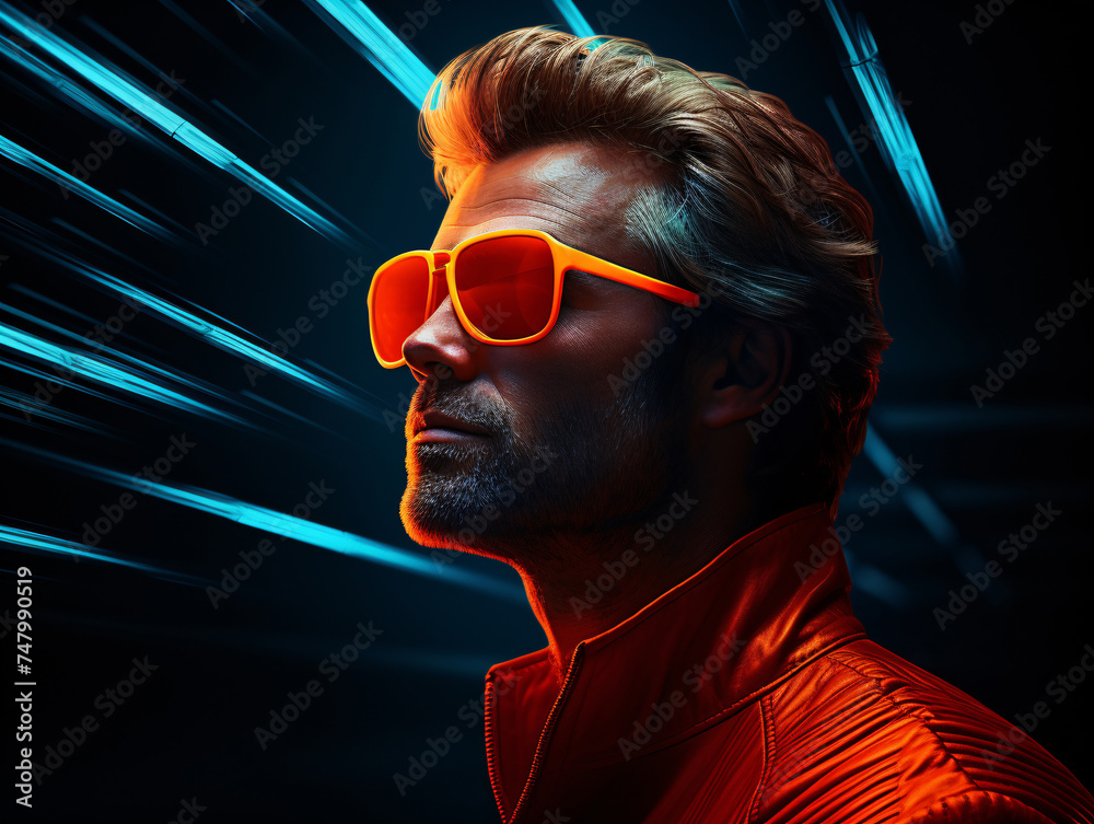 a man wearing sunglasses and a leather jacket - obrazy, fototapety, plakaty 