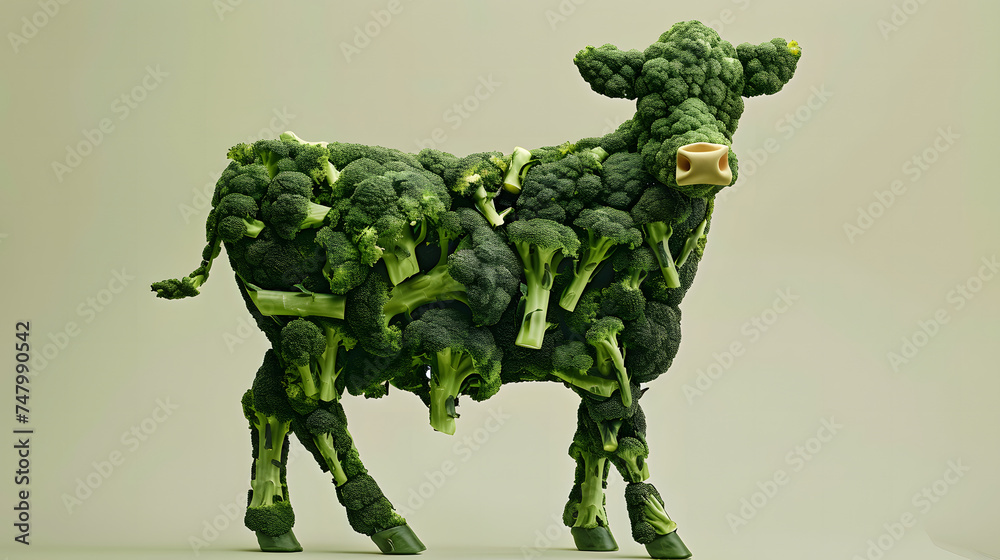 Une vache faite de brocoli, légume ferme alimentation organique surréaliste surréaliste - obrazy, fototapety, plakaty 