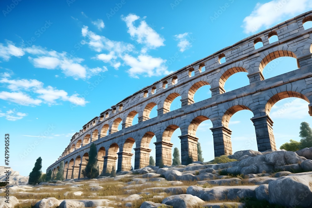 An ancient Roman aqueduct, showcasing the engineering marvels of the past against a blue sky.

