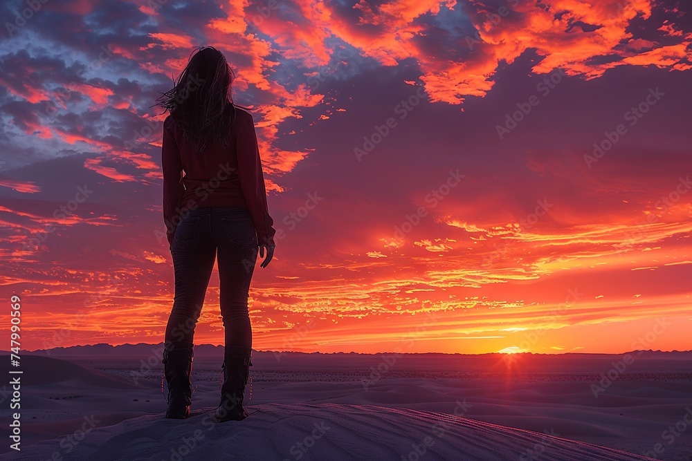 Silhouette of Woman Against Desert Sunset

