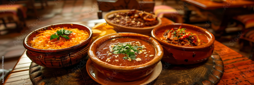 festive Mexican fiesta table adorned with dishes like pozole, mole, and chiles en nogada. festive Mexican fiesta table adorned with dishes like pozole, mole, and chiles en nogada.