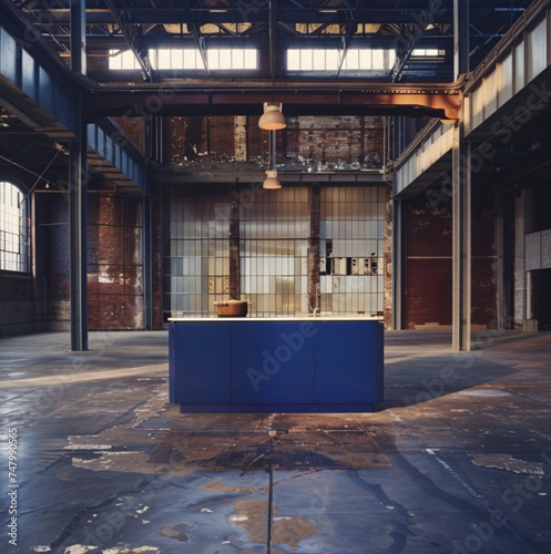 a minimal blue kitchen island standing in a vast renovated industrial space, 1 cople photo