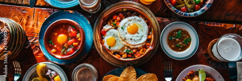a traditional Mexican breakfast with dishes such as chilaquiles. © Maximusdn