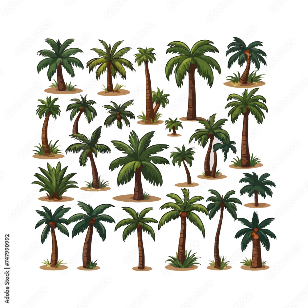 coconut trees flat vector illustrations set. Exotic beach plants isolated design elements pack collection on white background.