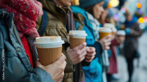 A line of people outside a coffee shop taking a muchneeded break from their Black Friday shopping frenzy and sipping on their piping hot beverages. photo