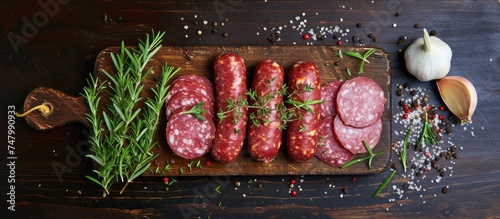 A top-down view of slices of salami sausages topped with pepper, garlic, and rosemary on a wooden cutting board.